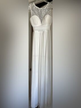 B Darlin White Illusion Beaded Bodice Maxi Gown sz 3/4
